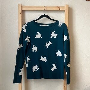 LOFT Teal Sweater with White Bunny Design